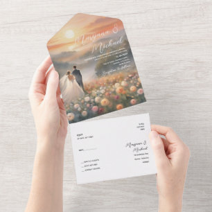 Simple chic flower sunrise wedding all in one invitation