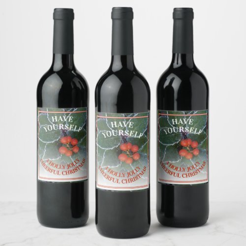 Simple Chic Frosty Green Holly Leaves Red Berries Wine Label