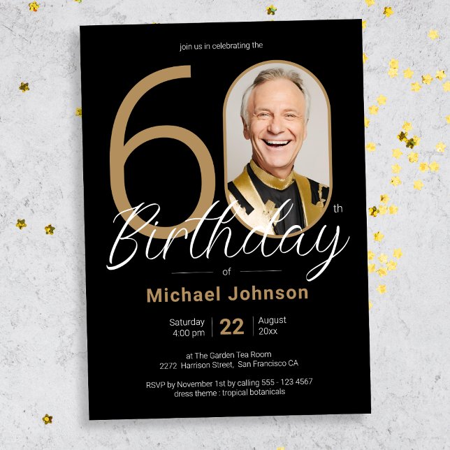 Simple Chic Gold Black Custom Photo 60th Birthday  Invitation (Mockup View)