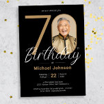 Simple Chic Gold Black Photo 70th Birthday  Invitation<br><div class="desc">Simple Chic Gold Black Photo 70th Birthday Invitation. Celebrate your milestone birthday in sleek, modern style with our "Minimalist Chic" theme design, where the simplicity of Minimalist elegance meets the allure of Custom Photo personalization. This simple and chic design allows your custom photo to take center stage, making your celebration...</div>