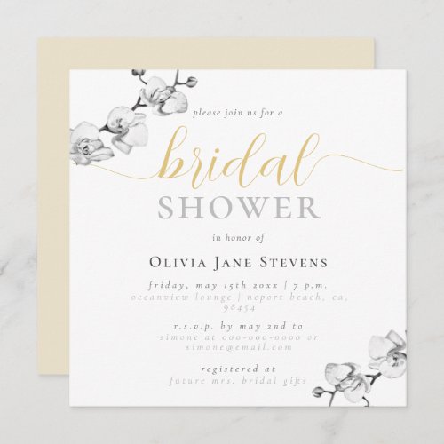 Simple Chic Gold Black White Orchids Bridal Shower Invitation