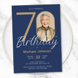 Simple Chic Gold Navy Blue Photo 70th Birthday Invitation<br><div class="desc">Simple Chic Gold Navy Blue Photo 70th Birthday Invitation. Celebrate your milestone birthday in sleek, modern style with our "Minimalist Chic" theme design, where the simplicity of Minimalist elegance meets the allure of Custom Photo personalization. This simple and chic design allows your custom photo to take center stage, making your...</div>