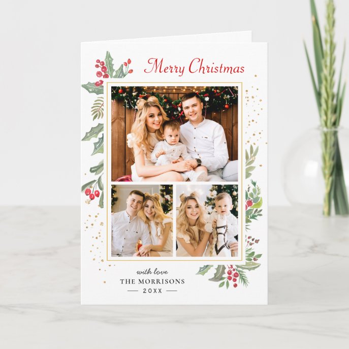 Simple Chic Holly Berries Merry Christmas 3 Photo Holiday Card