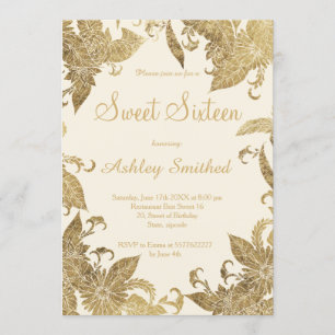 Simple chic ivory faux gold foil floral Sweet 16 Invitation