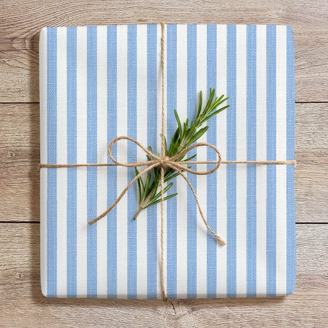 Simple Chic Linen Look Striped Pattern Blue White Wrapping Paper (Creator Uploaded)