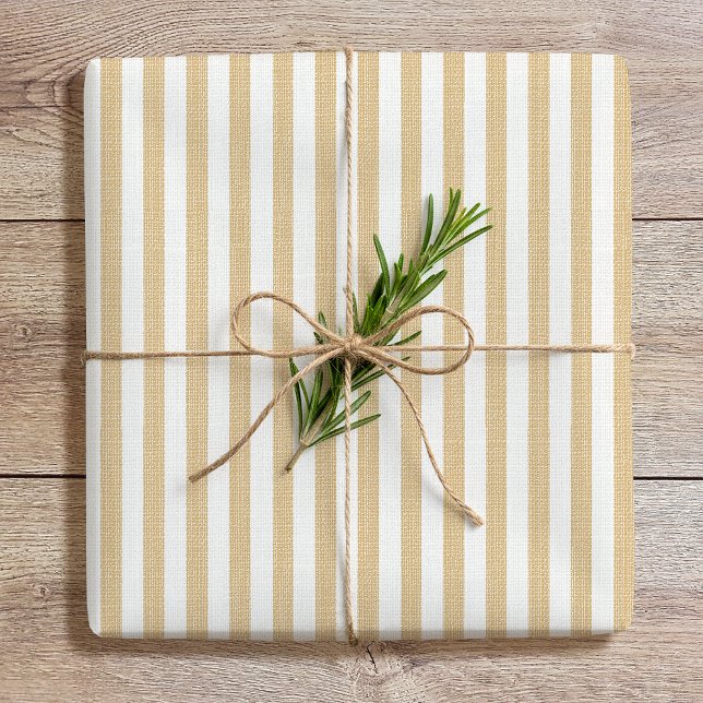 Simple Chic Linen Look Striped Pattern Gold White Wrapping Paper (Creator Uploaded)