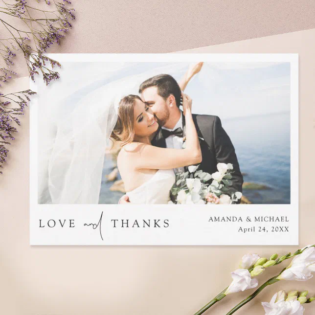Simple Chic Love and Thanks Modern Wedding Photo Thank You Card | Zazzle