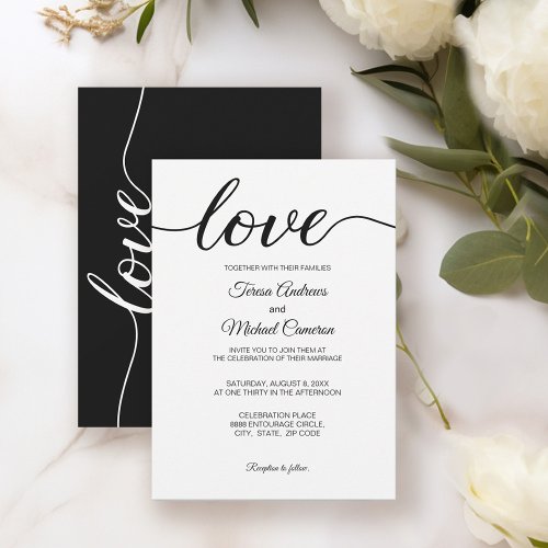 Simple Chic Love script Black White Wedding Invitation