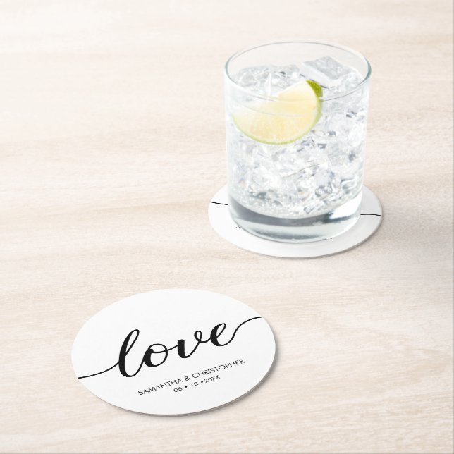 Simple Chic Love Script Wedding custom Favor Box Round Paper Coaster (Insitu)