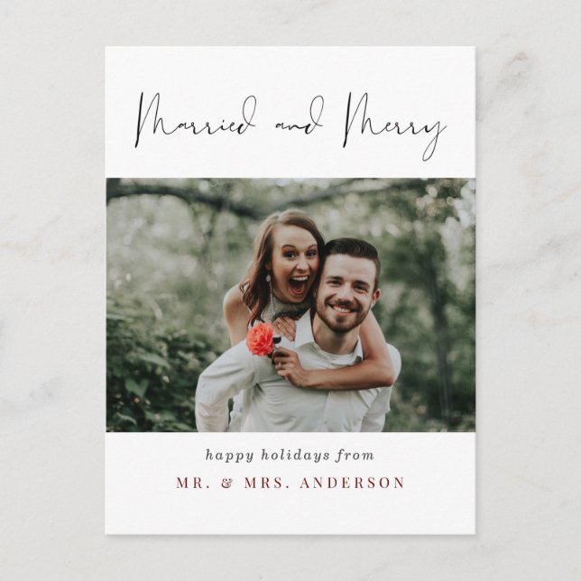 Simple Chic Married and Merry Photo Christmas Postcard (Front)