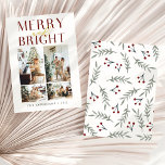 Simple Chic Merry and Bright Four Photo Holiday Card<br><div class="desc">An elegant and chic holiday card featuring a script lettering saying “merry and bright” and four customizable photos at the front with watercolor cherries and leaves pattern at the back. Perfect as a personalized Christmas holiday card to send to your family,  friends and loved ones.</div>