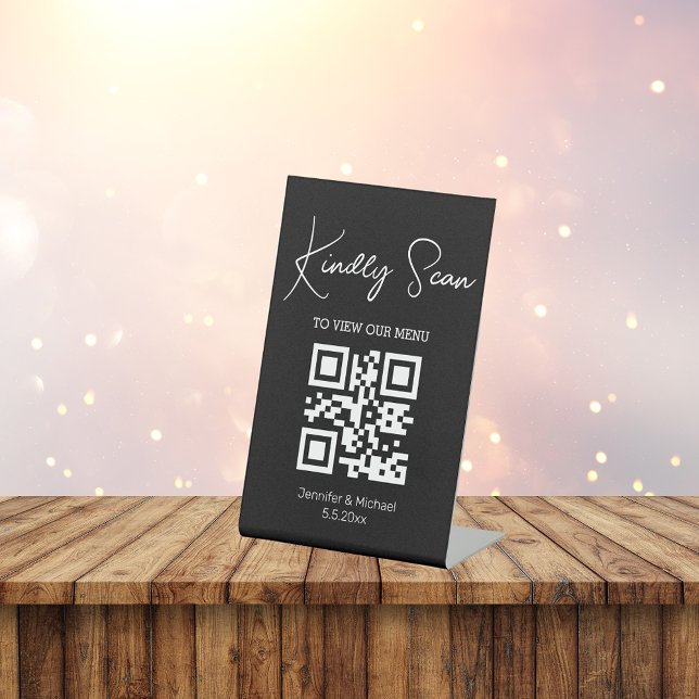 simple chic minimal  qr code wedding menu black pedestal sign (Creator Uploaded)