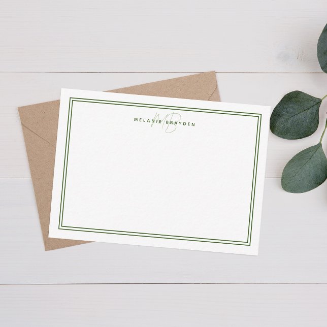 Simple Chic Minimalist Monogram Two Border Green Note Card (Creator Uploaded)