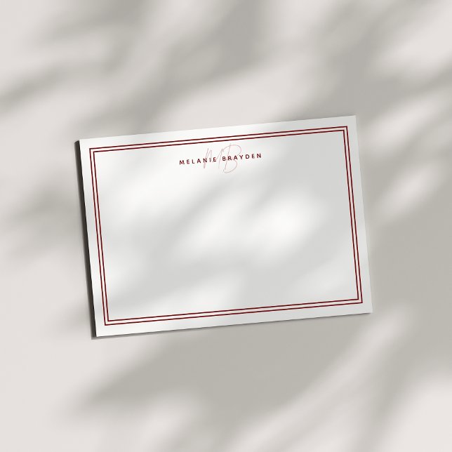 Simple Chic Minimalist Monogram Two Border Maroon Note Card (Creator Uploaded)