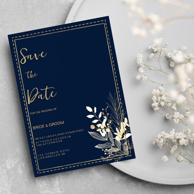 Simple chic navy blue gold floral Save the Date Invitation (Simple chic navy blue gold floral Save the Date)