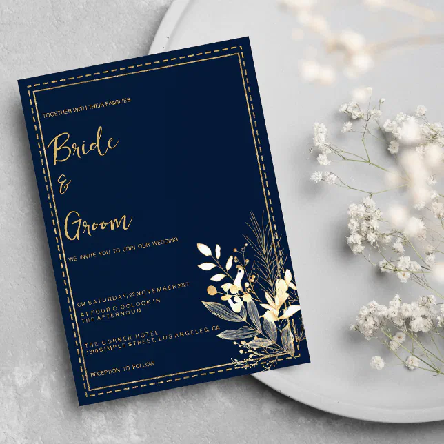 Simple chic navy blue gold floral Wedding Invitation | Zazzle