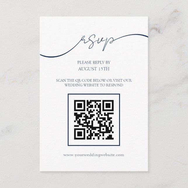 Simple Chic Navy Blue QR Code Wedding RSVP Card (Front)