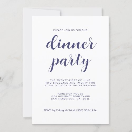 Simple Chic Navy Blue Script Dinner Party Invitation