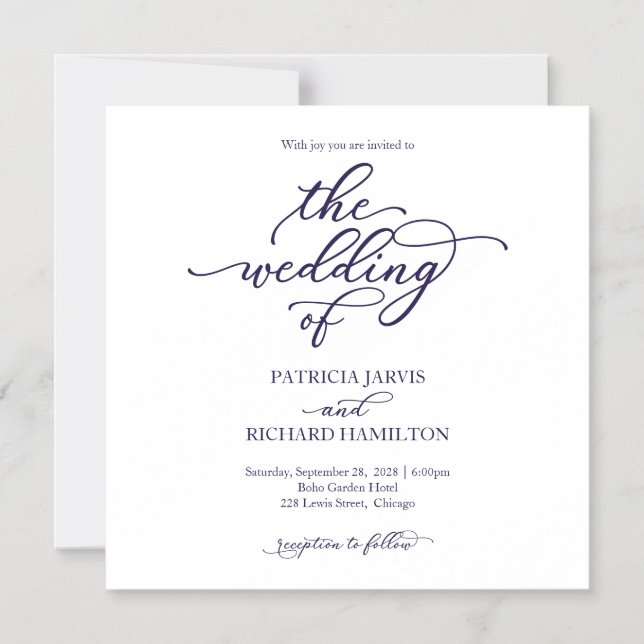 Simple Chic Navy Blue Script Wedding Invitations (Front)