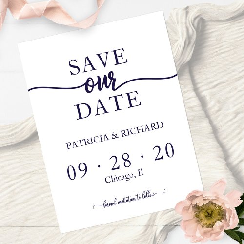 Simple Chic Navy Blue White Wedding Save The Date Postcard