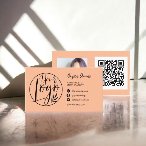 Simple chic peach hair makeup photo logo qr code business card