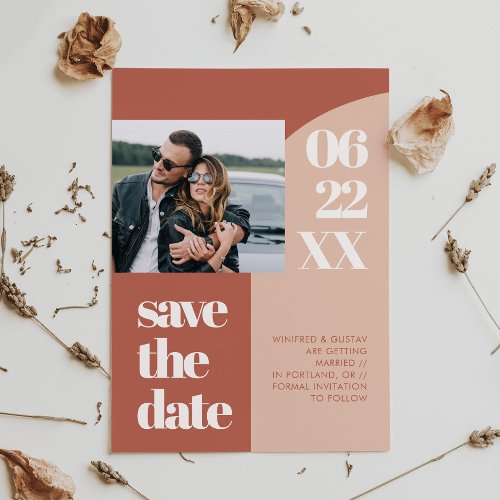 Simple chic peach terracotta arch photo save the date