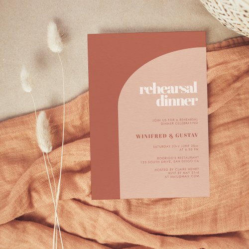 Simple chic peach terracotta arch rehearsal dinner invitation