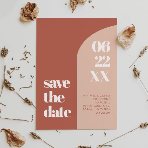 Simple chic peach terracotta arch save the date