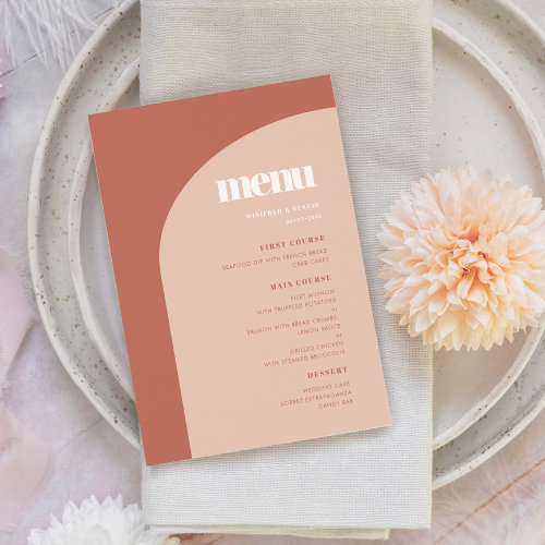 Simple chic peach terracotta arch wedding menu