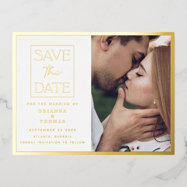 Simple Chic Photo Save the Date Wedding Gold Foil Invitation Postcard (Front)