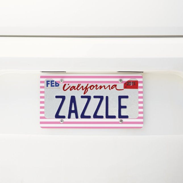 Simple Chic Pink and White Striped  License Plate Frame (On Car)
