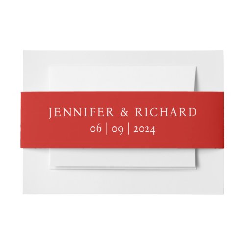 Simple Chic Red And White Name And Date Wedding Invitation Belly Band