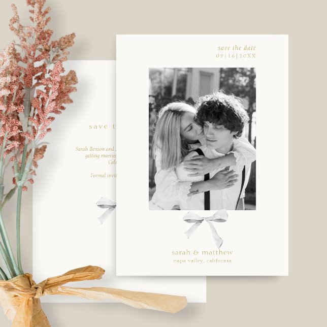 Simple Chic Ribbon Bow | Off White Save the Date Invitation (Creator Uploaded)