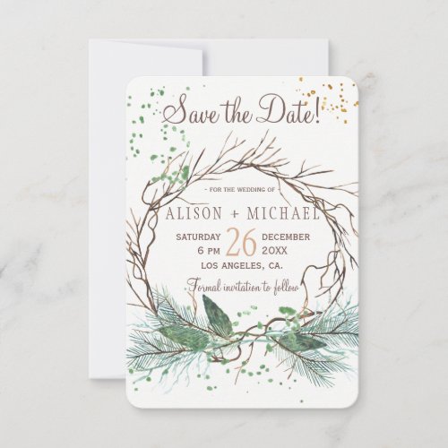 Simple chic rustic winter wreath save date wedding save the date