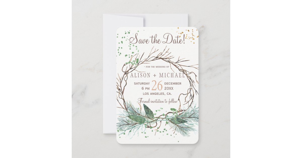 Simple Chic Rustic Winter Wreath Save Date Wedding Save The Date