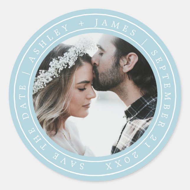 Simple Chic Save the Date Wedding Photo Blue Glow Classic Round Sticker (Front)