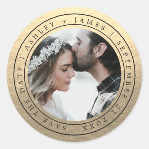 Simple Chic Save the Date Wedding Photo Gold Class Classic Round Sticker