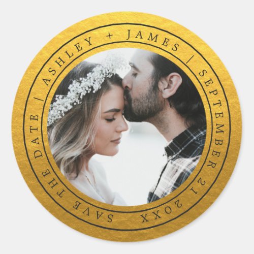 Simple Chic Save the Date Wedding Photo Gold Classic Round Sticker