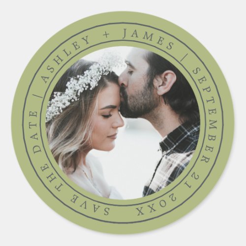 Simple Chic Save the Date Wedding Photo Green Clas Classic Round Sticker