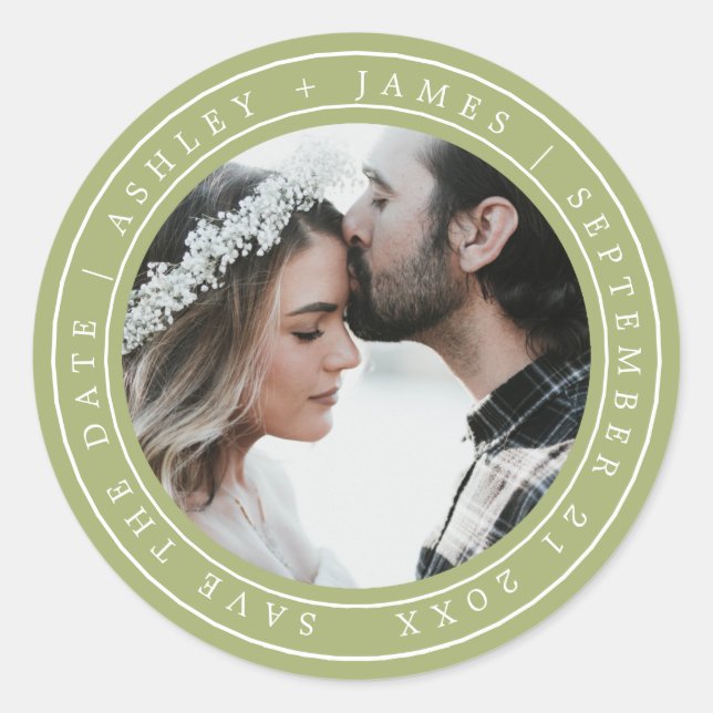 Simple Chic Save the Date Wedding Photo Green Classic Round Sticker (Front)