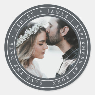 Simple Chic Save the Date Wedding Photo Off-Black Classic Round Sticker