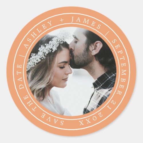 Simple Chic Save the Date Wedding Photo Orange Classic Round Sticker
