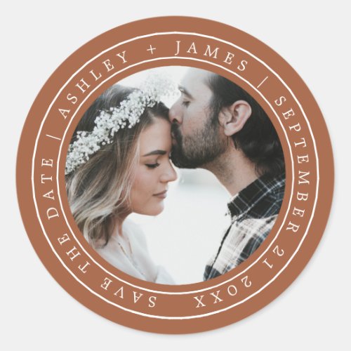Simple Chic Save the Date Wedding Photo TerraCotta Classic Round Sticker