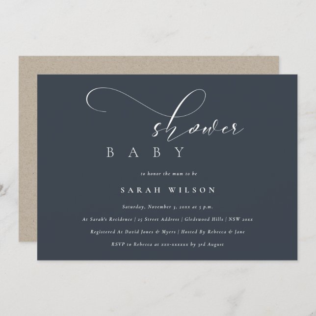 Simple Chic Script Black Navy Baby Shower  Invite (Front/Back)