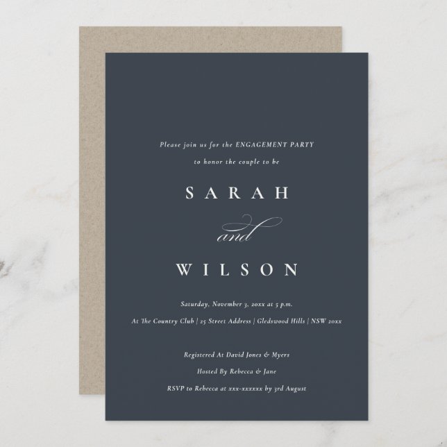 Simple Chic Script Black Navy Engagement Invite (Front/Back)