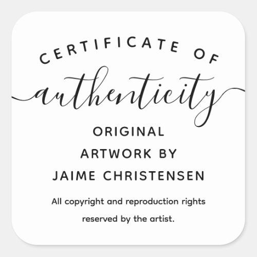 Simple Chic Script Certificate of Authenticity Square Sticker