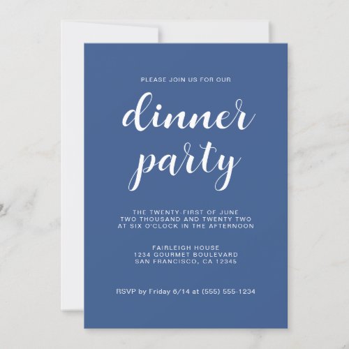 Simple Chic Script Classic Blue Dinner Party Invitation