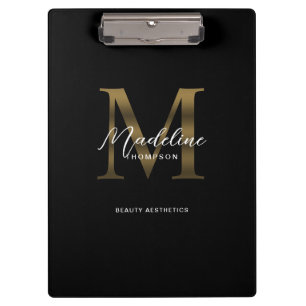 Simple Chic Script Metallic Black Gold Monogram Clipboard
