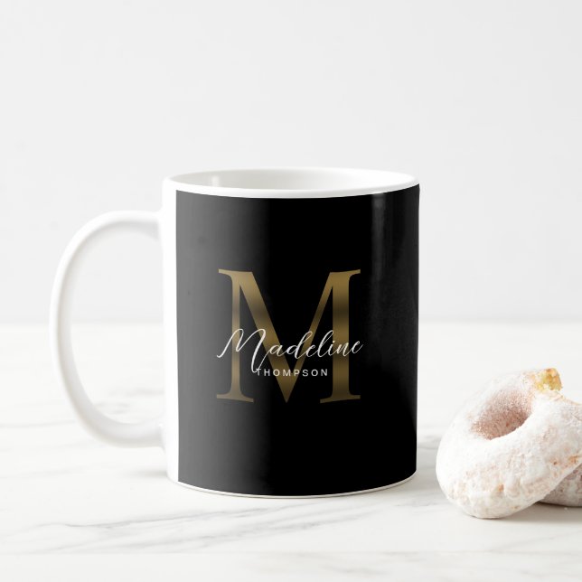 Simple Chic Script Metallic Black Gold Monogram Coffee Mug (With Donut)