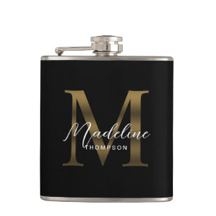 Simple Chic Script Metallic Black Gold Monogram Flask